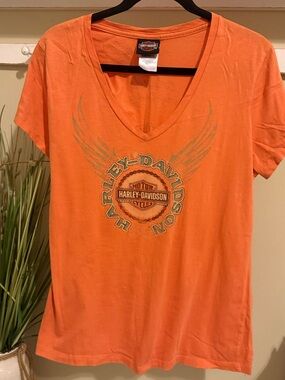 Harley Davidson V Neck Orange XL Tee Shirt Wings Orlando Florida Bike 100 Cotton